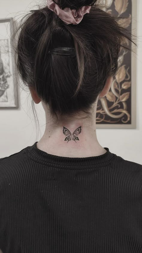 Neck Butterfly Tattoo, Nevertheless Butterfly, Butterfly Tattoo Neck, Butterfly Neck Tattoo, Small Neck Tattoos, Cute Simple Tattoos, Funky Tattoos, Back Of Neck Tattoo, Vine Tattoos