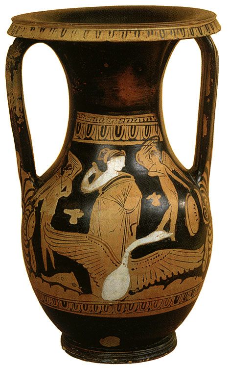 Aphrodite on a swan. Red-figure pelike. Attic. Clay. Ca. 350 B.C. Height 31.2 cm. Inv. No. Б. 3269. Saint-Petersburg, The State Hermitage Museum. Ancient Greek Pottery, Istoria Artei, Ancient Greek Art, Greek Pottery, Greek Vases, Black Figure, Ancient Pottery, Greek Key Pattern, Getty Museum