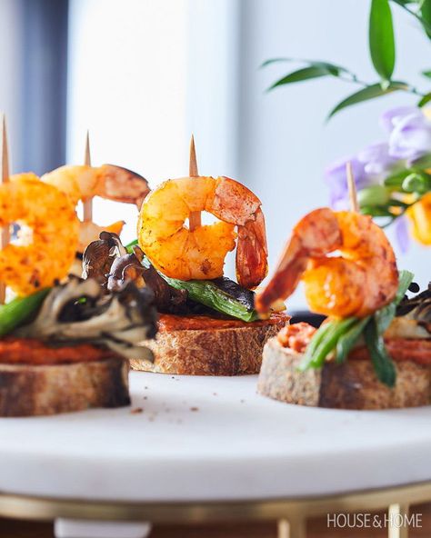 Serve this Pintxos Of Grilled Shrimp, Mushroom, Leek And Romesco recipe at your next cocktail party. | Photographer: Maya Visnyei Pintxos Recipes, Shrimp Mushroom, Wild Leeks, Mushroom Leek, Shrimp Stuffed Mushrooms, Pistachio Crusted Salmon, Vegetable Chow Mein, Party Nibbles, Vegan Starters