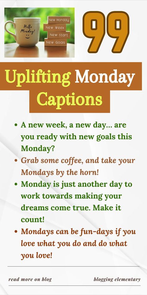 Need to amp up your Monday posts? Let me help you find some inspiring and fun Monday captions to kickstart your week with style.

I have always been excited by Mondays: New week – new possibilities. So, my collection of Monday captions captures all the positive vibes that the first week of the day brings along. Monday Captions, Short Insta Captions, Cute Instagram Captions, Good Instagram Captions, New Possibilities, New Start, First Week, The Blues, New Week