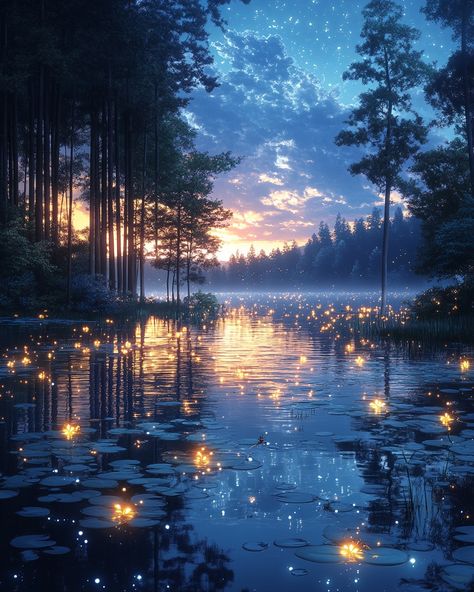 Step into a world of magic with this mystical forest scene! 🌿✨ Bioluminescent plants and graceful fireflies create a serene atmosphere around a tranquil pond. An enchanting style, this artwork brings a soft, dreamy touch to your day. 🌌💧 #AnimeArt #MagicalForest #BioluminescentPlants #Fireflies #DreamyArt #SerenePond #CosmicLighting #NatureMagic #ArtisticEscape Magical World Aesthetic, Bioluminescent Plants, Bioluminescent Forest, Fireflies Art, Mystical Paintings, Fairy Tale Cottage, Mystic Forest, Firefly Art, Dreamy Aesthetic