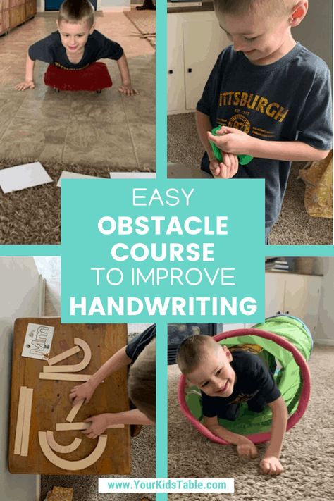 Easy Obstacle Course to Improve Handwriting - Your Kid's Table Easy Obstacle Course, To Improve Handwriting, Oral Motor Activities, Child Development Activities, Kids Handwriting Practice, Prewriting Skills, Handwriting Activities, Kids Handwriting, Occupational Therapy Activities