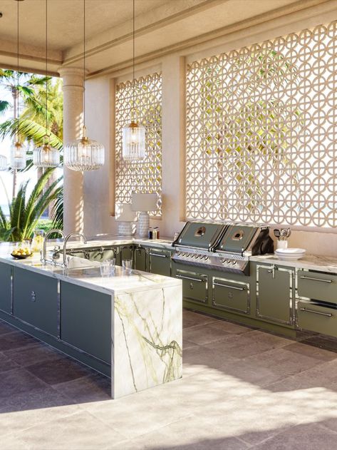 Green luxury outdoor kitchen Luxury Outdoor Kitchen, Steel Kitchen Cabinets, Best Kitchen Design, Kitchen Ikea, Modern Outdoor Kitchen, Bbq Kitchen, Backyard Kitchen, Sofa Set Designs, Outdoor Kitchen Patio