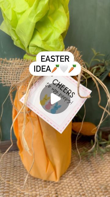 Kaycee Greer on Instagram: "Cheers To My Peeps🥕 Here is a fun way to dress up a bottle of wine, champagne, sparkling cider or lemonade for Easter. You can also dress it up to give as a hostess gift. Takes minimal effort & is so adorable to gift.   Comment tag for a link to the gift tag. It can also be found in my LTK linked in my bio🥕🐰 . .  . . #easter #easterbunny #eastergifts #eastergift #easterbasket #easterideas" How To Wrap Champagne Bottle Gift Ideas, Easter Hostess Gift Ideas, Sparkling Cider Christmas Gift Tag, Easter Champagne Bottle, Wine Gift Tag Sayings, Wine Bag Diy, Easter Wine Bottles, Easter Hostess Gift, Adult Easter Basket Cleaning Supplies