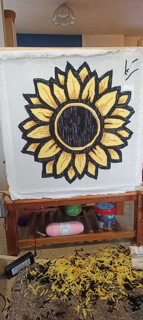 Sunflower rug yellow orange black Sunflower Tufted Rug, Tufted Rug, Rug Design, Custom Rugs, Origami, Sunflower, Bee, Design