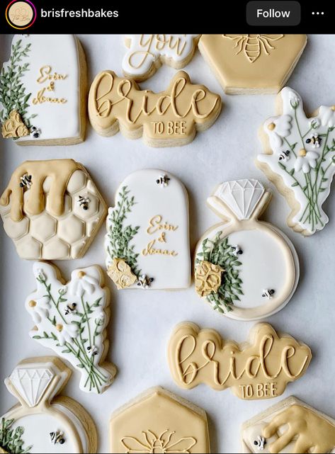 Bride To Bee Cookies, Honey Themed Bridal Shower Ideas, Honey Bridal Shower Theme, Bee Themed Bridal Shower Ideas, Bride To Bee Theme, Bridal Shower Ideas Bee Themed, She Found Her Honey Bridal Shower Theme, Meant To Bee Bridal Shower Cookies, Bride To Bee Bridal Shower Ideas