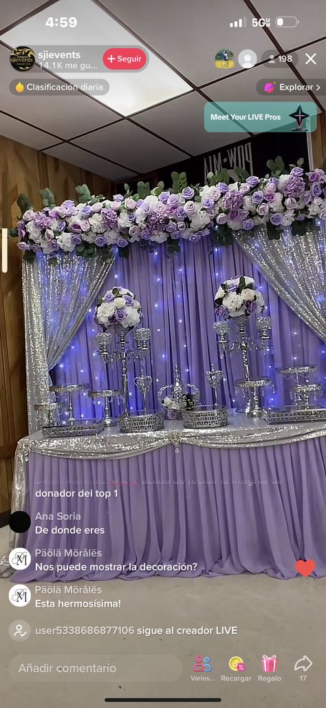 Purple And Silver Table Decorations, Quinceanera Backdrop Ideas, Lilac Quinceanera Ideas, Quinceanera Main Table Ideas, Quinceanera Green, Light Purple Wedding, Purple Quince, 1st Birthday Party For Girls, Quince Hairstyles