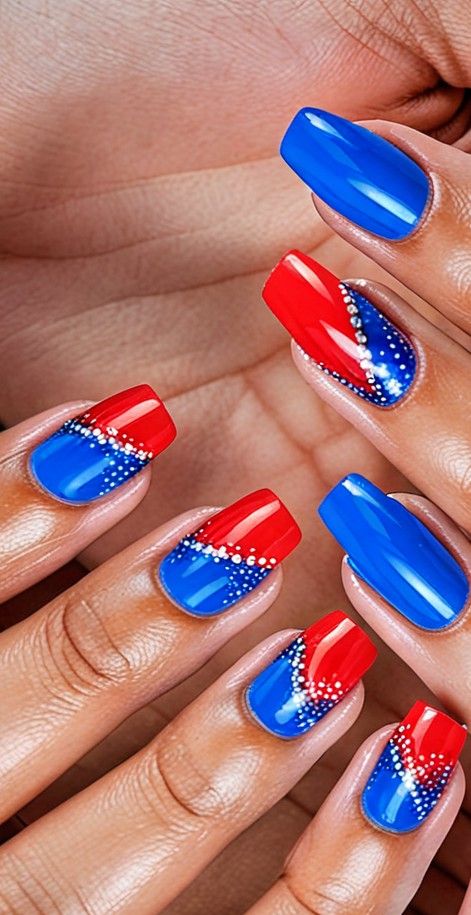 Beautiful Red, White and Blue Nail Art Design Ideas Royal Blue And Red Nails, Blue Red And White Nails, Red And Blue Nails, White And Blue Nail, Blue Nail Art Designs, Royal Blue Nails, Nail Kits, Art Design Ideas, Blue Nail Art