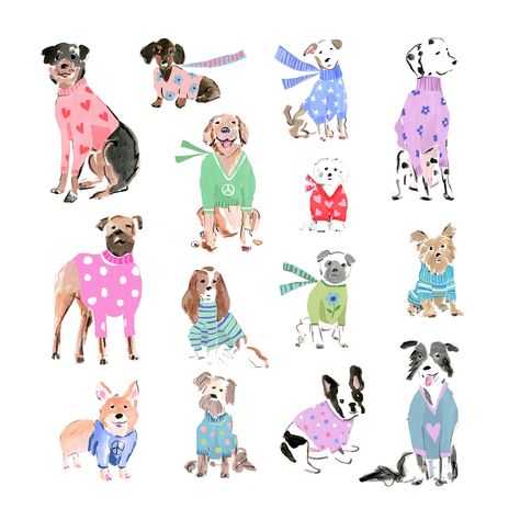 Dog In Clothes Illustration, Dog Posters Aesthetic, Animal In Sweater Drawing, Dog Illustration Design, Dogs In Sweaters, Beth Briggs, Dog Illustration Art, Clothes Illustration, Dog Prints