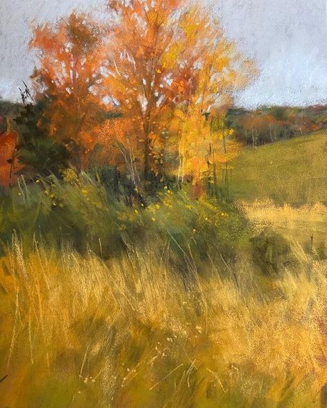 Fall Trees Painting, Watercolor Landscape Tutorial, Fall Landscapes, Fall Field, Fall Landscape Painting, Landscape With Trees, Fall Tree Painting, Chalk Pastel Art, Sheep Paintings