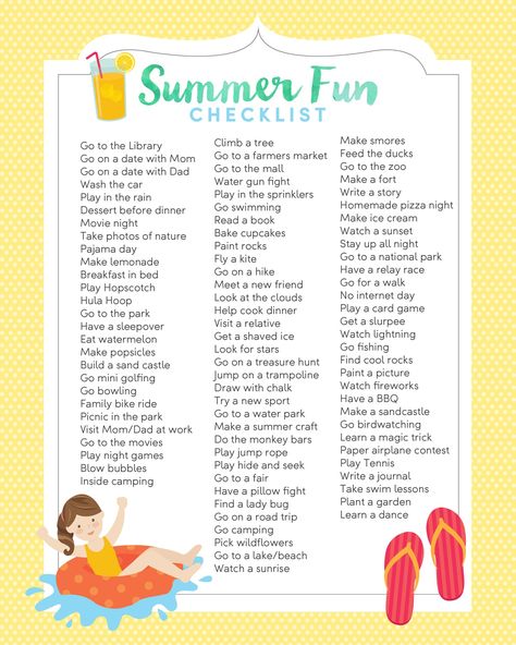 Summer Fun Checklist - FREE printable with lots of fun and creative activities to bust your kids' summer boredom! Creative Activities For Adults, Fun Checklist, Checklist For Kids, Cousin Camp, Summer List, Summer Worksheets, Summer Boredom, Bored Jar, Fun List