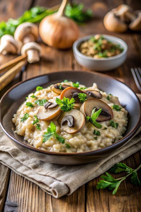 Creamy Vegan Mushroom Risotto Risotto Dinner, Vegan Mushroom Risotto, Vegan Risotto, Chickpea Coconut Curry, Vegan Mushroom, Chickpea Stew, Risotto Recipe, Arborio Rice, Veggie Pizza