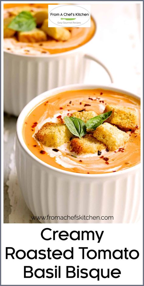 Creamy Roasted Tomato Basil Bisque is a light, yet comforting soup that's perfect for transitioning into fall.  However, you'll want to make this year-round!  The roasting process brings out the delicious flavor of even out-of-season tomatoes! #tomato #tomatosoup #creamytomatosoup #tomatobisque Tomato Basil Bisque, Tomato Bisque Soup, Bisque Soup Recipes, Grilled Cheese Croutons, Roasted Tomato Basil Soup, Creamy Tomato Basil Soup, Bisque Soup, Cheese Croutons, Resep Smoothie