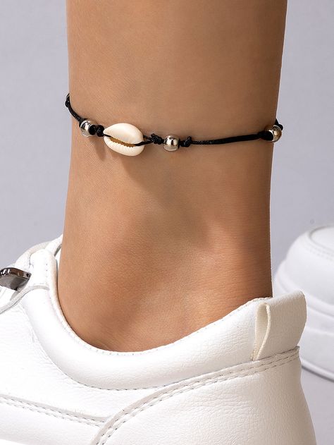 Black Vacation Collar  Shell  Anklet Embellished   Jewelry Collar Conchas, Pulseras Aesthetic, Black Vacation, Anklets Diy, Bead Decor, Shells Diy, Ankle Braces, Anklet Designs, Antique Jewellery Designs