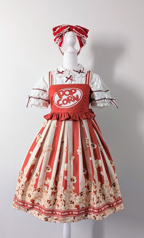 Carnivalcore Outfits, Candy Theme Dress, Candy Themed Outfit, Circus Aesthetic Outfit, Popcorn Outfit, Dessert Outfit, Food Outfits, Harajuku Decora, Candy Clothes