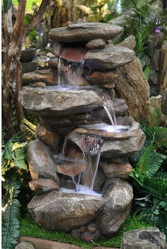 Alpine Fiberglass Rock Fountain with Light Garden Fountain Ideas, Outdoor Waterfall Fountain, Kolam Air, Outdoor Waterfalls, Kolam Koi, Diy Water Feature, Taman Air, Rock Fountain, Ground Water