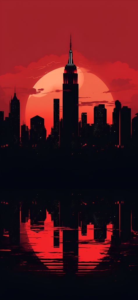 Burning red aesthetic view of the New York City skyline. New York Red Aesthetic, Red City Aesthetic Wallpaper, Aesthetic Wallpaper Iphone City, Red City Wallpaper, Red City Background, Red Anime Background, Wallpaper Iphone City, Dark City Wallpaper, City Skyline Aesthetic