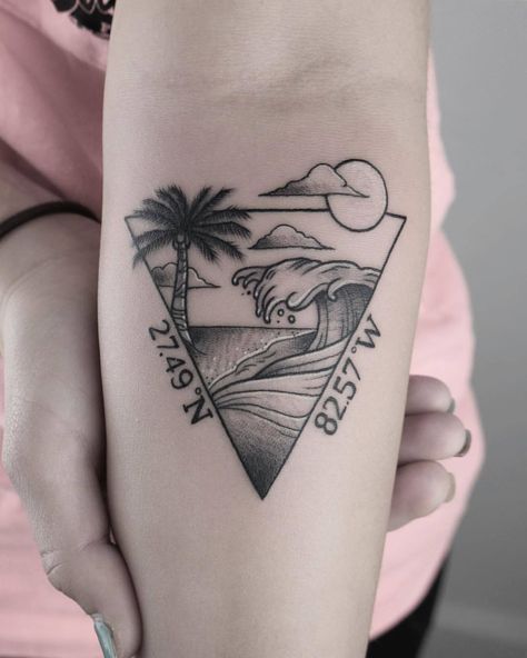 Florida landscape to complement her husband’s Alaska tattoo from my previous post! #pcrumptattoos #thebutchertattoo #inkpediaorg... Tattoo Florida Ideas, Ocean Triangle Tattoo, Florida Tattoo Ideas For Men, Florida Tattoo Ideas, Ocean Tattoo Design, Front Thigh Tattoos, Alaska Tattoo, Florida Tattoo, Desert Tattoo