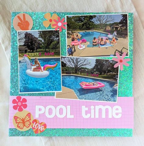 Simple DIY layout for your Bachelorette scrapbook! Relive poolside fun with glitter, photos & memories. ☀️ Scrapbook Layout Ideas | Scrapbook Inspo 🕶️ Scrapbook Page Ideas Pool Day Scrapbook Pages, Swimming Scrapbook Pages, Pool Scrapbook Pages, Swimming Scrapbook Layouts, Pool Scrapbook Layouts, Scrapbook Summer Ideas, Bachelorette Scrapbook, Summer Scrapbook Ideas, Hawaii Scrapbook