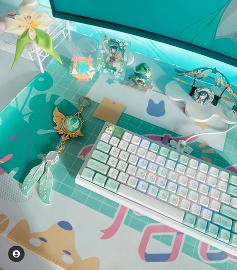 Teal Pc Setup, Mint Gaming Setup, Genshin Pc Setup, Genshin Impact Gaming Setup, Cute Keyboard, Gaming Bedroom, Study Desk Decor, Pc Gaming Setup, Video Game Room Design