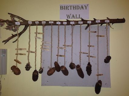 Birthday wall.                          Gloucestershire Resource Centre http://www.grcltd.org/home-resource-centre/ Reggio Birthday Board, Birthday Charts Childcare, Nursery Display Boards, Nature Based Classroom, Reggio Emilia Preschool, Nature Kindergarten, Neutral Classroom, Reggio Emilia Classroom, Reggio Inspired Classrooms