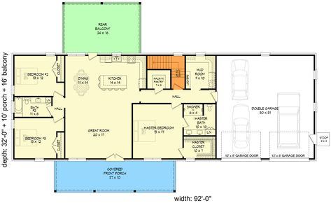 This country barndominium-style plan gives you 3 beds, 2 baths and 2,049 square feet of heated living area. A 2-car front load garage has 999 square feet of parking. A 10'-deep front porch welcomes you inside to find a spacious great room that opens into the dine-in kitchen. Casual meals can be enjoyed at the kitchen island or retreat to the rear balcony in back for outdoor dining. The living space separates the family bedrooms from the master suite, which includes a walk-in closet and 4-fixture Slab Barndominium, 2 Bed 2 Bath Split Floor Plan, Split Bedroom Barndominium, 60 X 40 House Plans Layout, 30x60 Barndominium Floor Plans, Country Barndominium, 3 Bedroom Barndominium, 2000 Sq Ft House, Modular Home Plans