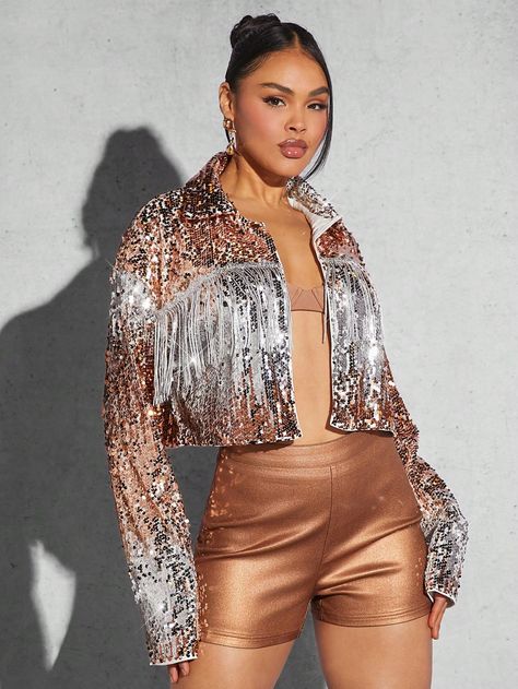 Silver Casual Collar Long Sleeve Sequins Plain,All Over Print Other Embellished Slight Stretch  Women Clothing Plus Size Festival, Collar Outfits, Rave Festival Outfits, Tassel Jacket, Party Jackets, Night Club Outfits, Sequin Jacket, Long Sleeve Sequin, Fringe Jacket