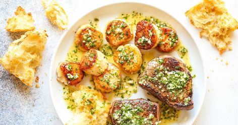 A three-course steakhouse dinner you can make at home #homehealthcare  #seniorliving  #benningtonhhc  #nutrition  #sanmarcos  #newbraunfels  #austin Steak And Scallops, Steakhouse Dinner, Cena Keto, Ketogenic Recipes Dinner, Butter Steak, Date Night Recipes, Garlic Butter Steak, Steak Butter, Surf And Turf