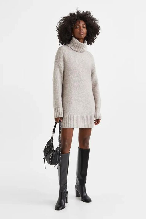 H&M Knit Turtleneck Dress A chunky turtleneck gives this knee-length sweater dress an extra-cozy feel. #winteroutfits #sweaterdress #turtleneck #autumnoutfits Knit Sweater Dress Outfit, Turtle Neck Dress Outfit, Oversized Turtleneck Sweater Dress, Knit Turtleneck Dress, Knee Length Sweater Dress, Knee Length Sweater, Jean Bag, Chunky Turtleneck, Sweater Dress Outfit