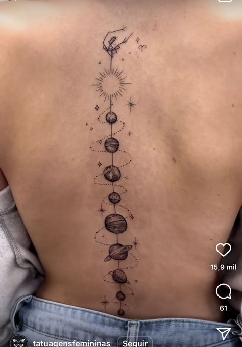 Back Tattoo Solar System, Galaxy Back Tattoo Women, Spine Tattoos For Women Constellation, Astral Spine Tattoo, Spine Tattoos For Women Space, Planet And Flowers Tattoo, Spine Tattoos Planets, Planets Spine Tattoo, Planet Spine Tattoo