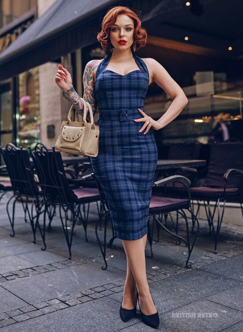 50s Pencil Dress, 50s Clothing, Rockabilly Dresses, 50s Outfits, 1950’s Style, Pencil Dresses, Fifties Fashion, Vintage Dresses 50s, Blue Tartan