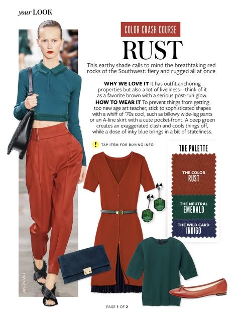 color combo: rust Rust And Teal Outfit, Rust Color Combinations, Instyle Color Crash Course, Deep Autumn Color Palette, Blue Autumn, Colour Combinations Fashion, Colour Analysis, Color Combinations For Clothes, Deep Autumn