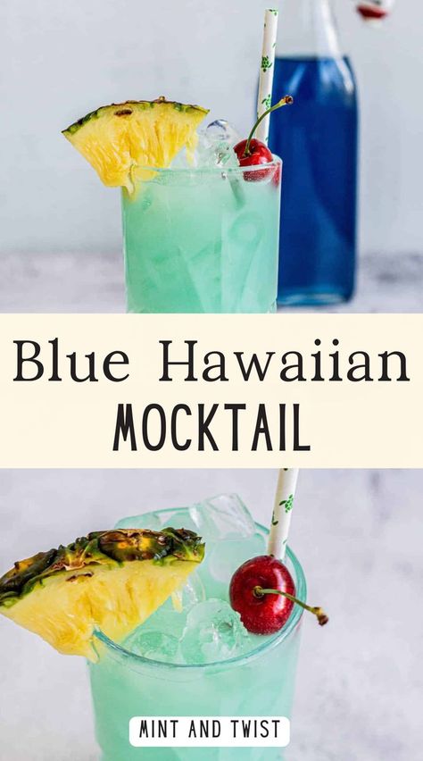 Dive into this tropical non-alcoholic Blue Hawaiian drink combining cream of coconut, blue Curacao syrup, and pineapple juice. A delightful mocktail everyone will love. Blue Hawaiian Mocktail, Blue Curacao Recipe, Hawaiian Mocktail, Blue Mocktail, Blue Hawaiian Drink, Pina Colada Mocktail, Hawaiian Drinks, Easy Mocktails, Cream Of Coconut