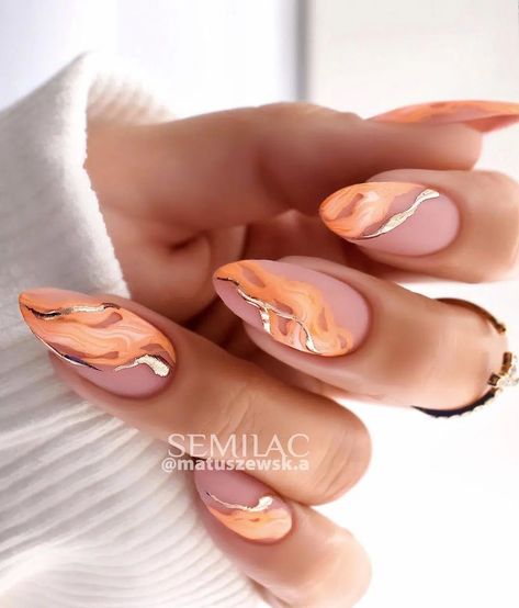 Fall Nails Design, Cute Fall Nails, Fall Nail Art Ideas, Ideas For Autumn, Cruise Nails, Nails Designer, Marble Nail Designs, Peach Nails, Gold Nail Designs