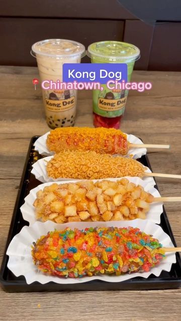 Kanchan on Instagram: "NEW VENUE ALERT - @kongdogus just opened its second Chicago location in Chinatown! Kong Dog serves authentic Korean corn dogs in fun and unique varieties! These delicious, handmade corn dogs come in ten flavors with your choice of filling including beef sausage, pork sausage, and mozzarella cheese. They’re coated in sweet or savory toppings for added delight. Kong Dog also has delicious milk teas, lemonades, and lattes. Here’s what I tried: 🌈 Rainbow Kong Dog with crunchy Korean Corn Dog Cheese, Korean Corn Dog Aesthetic, Cheese Corn Dog Recipe, Korean Hot Dogs, Cheese Corn Dog, Korean Corn Dog Recipe, Korean Dogs, Korean Corn Dog, Korean Corn