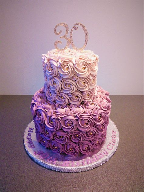 purple rose ombre two tier cake #GlitterCake Birthday Cake For Women Elegant, Cake Rose, Purple Cakes Birthday, 17 Birthday Cake, Birthday Purple, Tiered Cakes Birthday, Two Tier Cake, 30 Birthday Cake, Purple Cakes