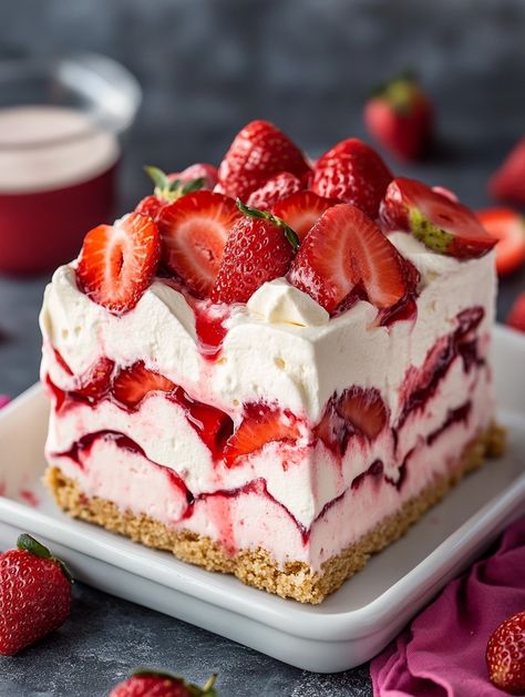 Ingredients: 2 lbs fresh strawberries, hulled and sliced 🍓 3 cups heavy whipping cream 🥛 1/2 cup powdered sugar 🍬 1 teaspoon vanilla extract 🍦 2 packages of vanilla wafer cookies or graham crackers 🍪 Whipped cream (for topping) 🍦 Whole strawberries (for garnish) 🍓  Directions: In a large mixing bowl, whip the heavy cream, powdered sugar, and vanilla extract until stiff peaks form. 🥄 Gently fold in half of the sliced strawberries into the whipped cream. 🍓 Vanilla Wafer Cookies, Strawberry Cream Cheese Filling, Strawberry Icebox Cake, Japanese Dessert Recipes, Vanilla Wafer, Sliced Strawberries, Paleo Recipes Dessert, Strawberry Topping, Wafer Cookies