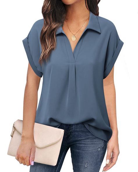 PRICES MAY VARY. Material: This blouses for women is made of 100% polyester, offering a soft and smooth feel. It's lightweight, wrinkle-resistant, and breathable, making a comfortable and elegant wear. Stylish lapel dress shirt: The V-neck design flatters your neck, while the short rolled sleeves with shoulder drops provide a comfortable fit and cover any minor arm imperfections, making your arms look great. Perfect Fit and Seasonal Wear: The front pleat gives extra room for your chest, and the Wimens Blouses, Knee Length Blouses, Casual Solid Color Cheap Tops, V Neck Shirts Women Women's Blouses, Cheap Casual Solid Color Short Sleeve Shirt, Casual Tops With Shirttail Hem, Tops For Women Nordstrom, Cheap Solid Color Blouse With Pockets, Casual Patterned Blouse At Affordable Price