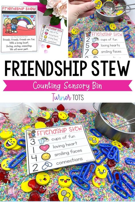 Family Themed Sensory Bin, Making Friends Eyfs Activities, Friendship Color Mixing Preschool, Friendship Preschool Lesson Plans, Friendship Stew Sensory Bin, Friendship Sensory Preschool, Friendship Sensory Bin Preschool, Diversity Math Activities For Preschool, Preschool Friendship Math Activities