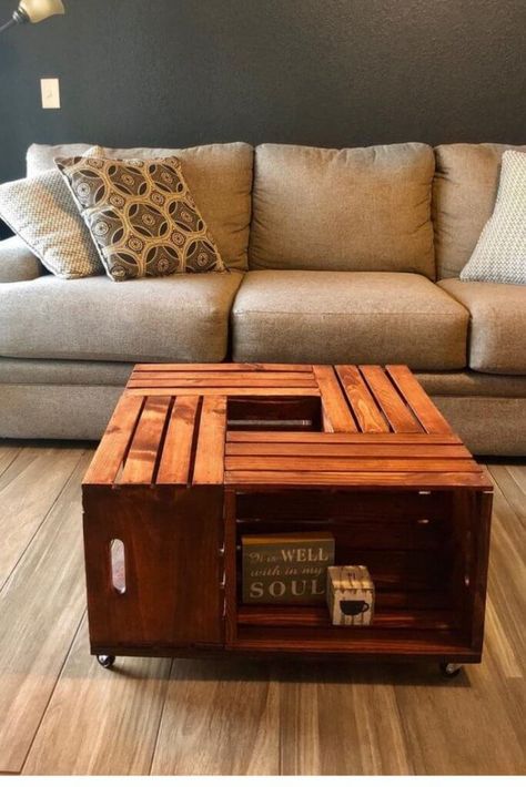 Ottoman Inspiration, Diy Ottoman Coffee Table, Pioneer Kitchen, Wooden Crate Furniture, Wine Crate Furniture, Wooden Crate Coffee Table, Shelves In The Kitchen, Crate Ottoman, Diy Wooden Crate