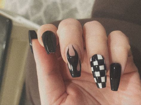 Black checkered flame nails Black Nails Checkered, Multiple Design Nails, Black Checkered Nails, Checker Board Nails, Wwe Nails, Motorcycle Nails, Black Flame Nails, Racing Nails, Monochrome Nails