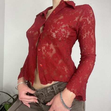 True vintage 90s y2k red lace mesh button up shirt... - Depop Red Lace Top Outfit, Red Button Up Shirt Outfit, Mesh Button Up Shirt, Red Lace Shirt, Lace Undershirt, Mesh Button Up, Red And Black Outfits, Black Lace Shirt, Red Lace Top