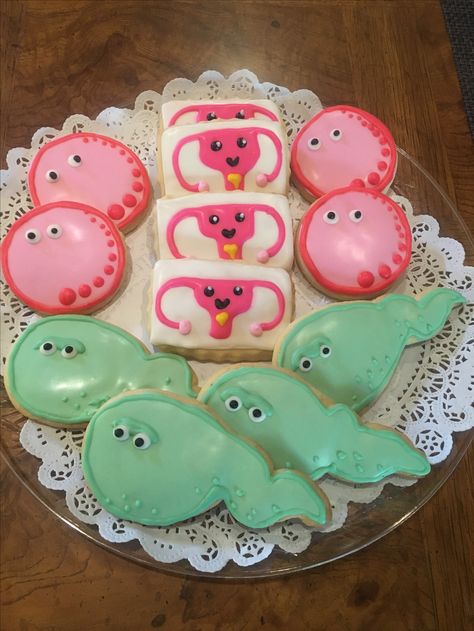 Midwife Party Ideas, Obgyn Cookies, Uterus Cookies, Midwife Graduation, Medical Cake, Egg Party, Nurse Party, Theme Cookies, Sperm Donor