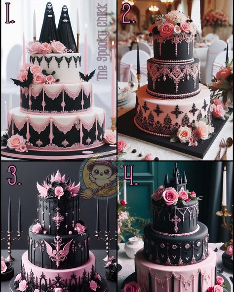 Pink and black goth wedding cakes 🖤🩷 Which one are you picking? Black Goth Wedding, Pink Wedding Cakes, Pink And Black Goth, Black And Pink Wedding, Black Wedding Cakes, Pink Wedding Cake, Goth Wedding, Black Goth, Which One Are You