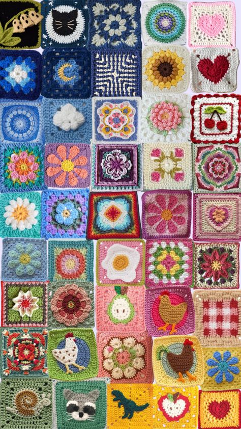 Granny square Granny Square Phone Wallpaper, Granny Square Multicolor, Granny Square Sampler Blanket, One Colour Granny Square Pattern, Vegetable Granny Square, Simple Crochet Squares, Fun Granny Square Crochet Pattern, Granny Square Styles, Crochet Cute Granny Square