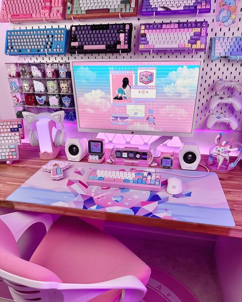 🎀💕 Pink & Blue Gaming Setup~ 💕🎀 Today is so dark and rainy, and it’s making me so sleepy! 😴 But I’m excited about the snowfall in the mountains that we so desperately need here in SoCal. 🤣 I know it’s not the end of the week just yet, but I hope you all have been having a wonderful one so far! 🥺 💖🔷💖🔷💖🔷💖 #pcgamingsetup #pinkaesthetic #pinkgamingsetup #gamingroom #sylveon #mechanicalkeyboard Blue Gaming Setup, Girl Gaming Setup, Gaming Setup Ideas, Dream Setup, So Sleepy, Kawaii Bedroom, Gamer Setup, Pc Gaming Setup, Pc Setups