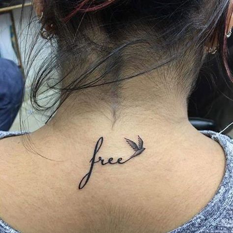 Bird with word free tattoo - Styleoholic Bird Tattoo Back, Tattoo Son, Small Neck Tattoos, Freedom Tattoos, Tiny Tattoos For Women, Girl Neck Tattoos, Side Neck Tattoo, Bird Tattoo Wrist, Small Bird Tattoo