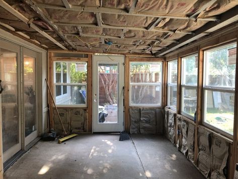 Diy Porch To Sunroom, Diy Sunroom On A Budget, Porch To Sunroom Conversion, Sunroom Diy, Sunroom Roof, Porch To Sunroom, Diy Sunroom, Rustic Sunroom, Closed In Porch