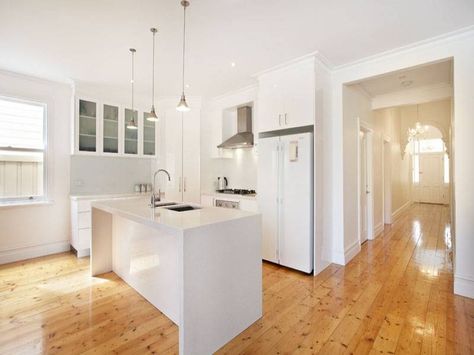 Kitchen with wooden floor Floorboards Kitchen, Queenslander Kitchen, Pine Floorboards, White Kitchen Lighting, Small Apartment Therapy, Floor Designs, Budget Kitchen Remodel, Classic Kitchen, Bright Kitchens