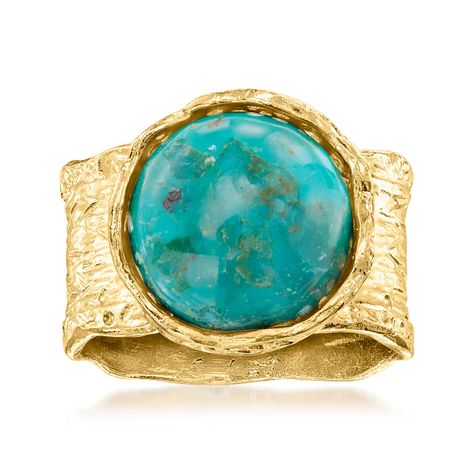 PRICES MAY VARY. 18kt yellow gold over sterling silver, stabilized turquoise ring for women. Stabilized turquoise. 1/2" wide. Luxury 18kt yellow gold over sterling silver ring. Round shape green stabilized turquoise. Textured and polished 18kt yellow gold over sterling silver. Includes jewelry presentation box. Due to the naturally occurring characteristics of gemstones, each is unique and may exhibit imperfections such as inclusions , blemishes and cloudiness, as well as color variations. Ross- Byzantine Rings, Jewelry Presentation, Moon And Star Ring, Chic Rings, Classic Engagement Rings, Gemstone Engagement, Wide Band Rings, 24kt Gold, Turquoise Rings